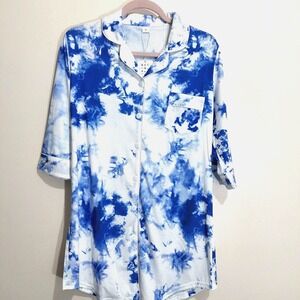 SWOMOG Womens Small Pajama Night Shirt Sleepwear Tie Dye Blue White Elbow Sleeve